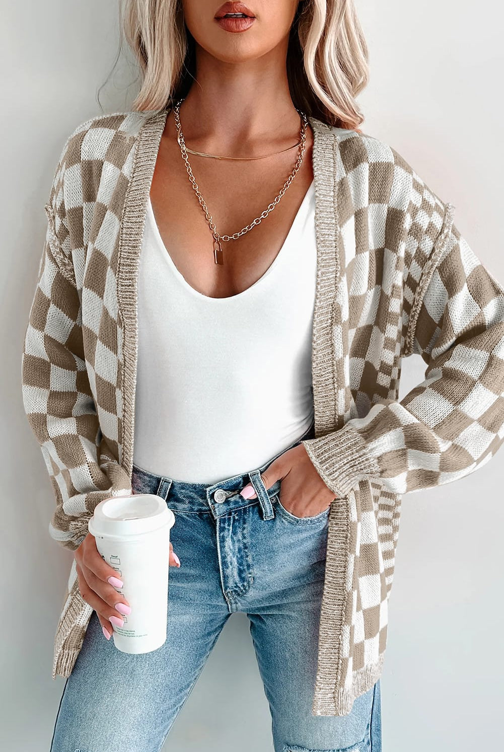Brown Checkered Colorblock Cardigan-Cardigans-Krush Kandy, Women's Online Fashion Boutique Located in Phoenix, Arizona (Scottsdale Area)