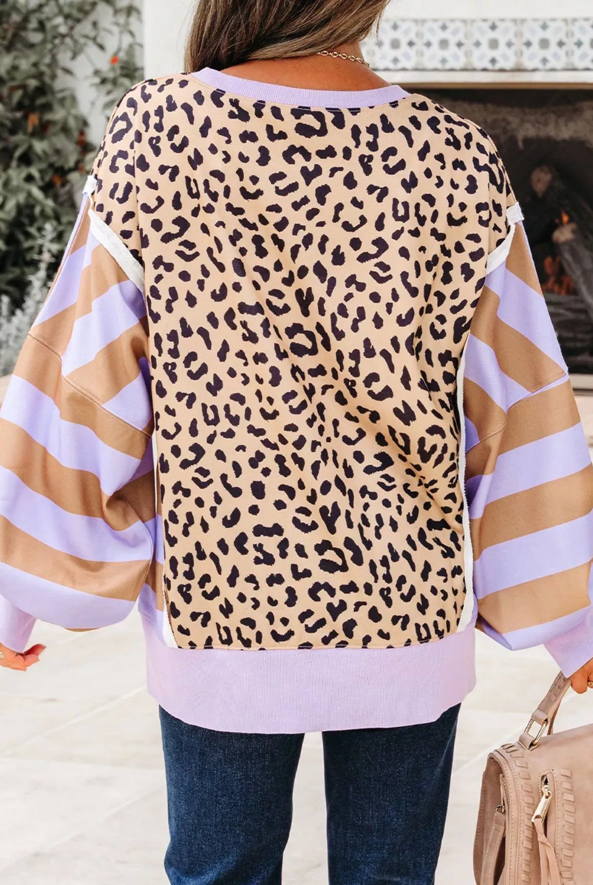 Stripe Color Block Patchwork Leopard Casual Sweatshirt with Slits-Sweaters-Krush Kandy, Women's Online Fashion Boutique Located in Phoenix, Arizona (Scottsdale Area)