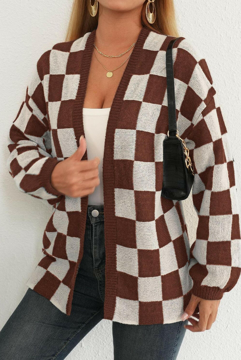 Checkered Open Front Long Sleeve Cardigan-Cardigans-Krush Kandy, Women's Online Fashion Boutique Located in Phoenix, Arizona (Scottsdale Area)