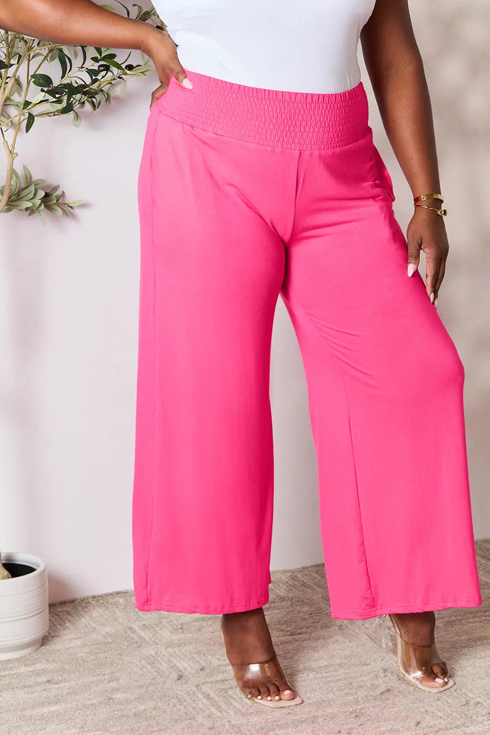 Full Size Smocked Wide Waistband Wide Leg Pants-Pants-Krush Kandy, Women's Online Fashion Boutique Located in Phoenix, Arizona (Scottsdale Area)