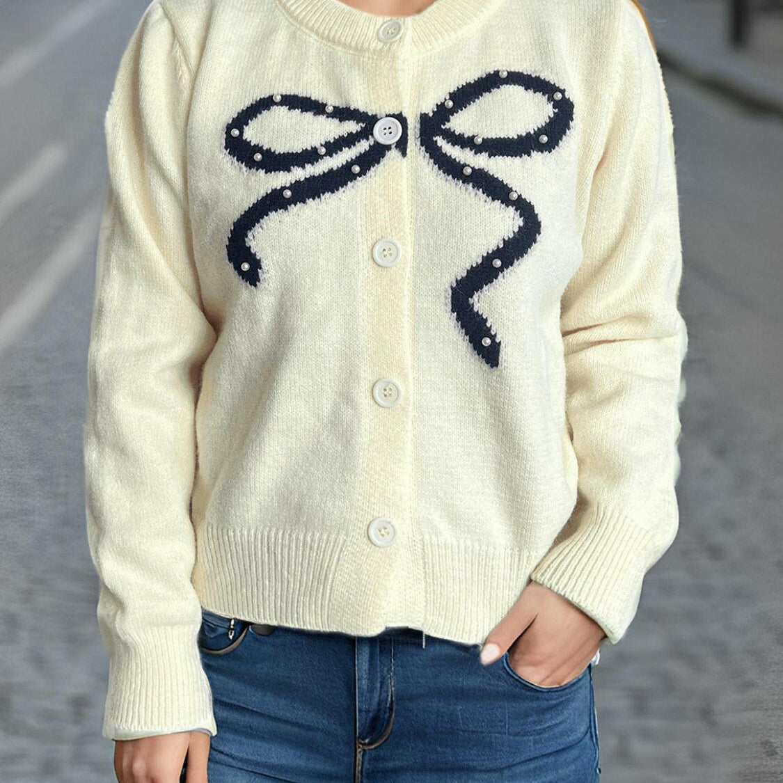 Bow Button Down Round Neck Cardigan-Krush Kandy, Women's Online Fashion Boutique Located in Phoenix, Arizona (Scottsdale Area)