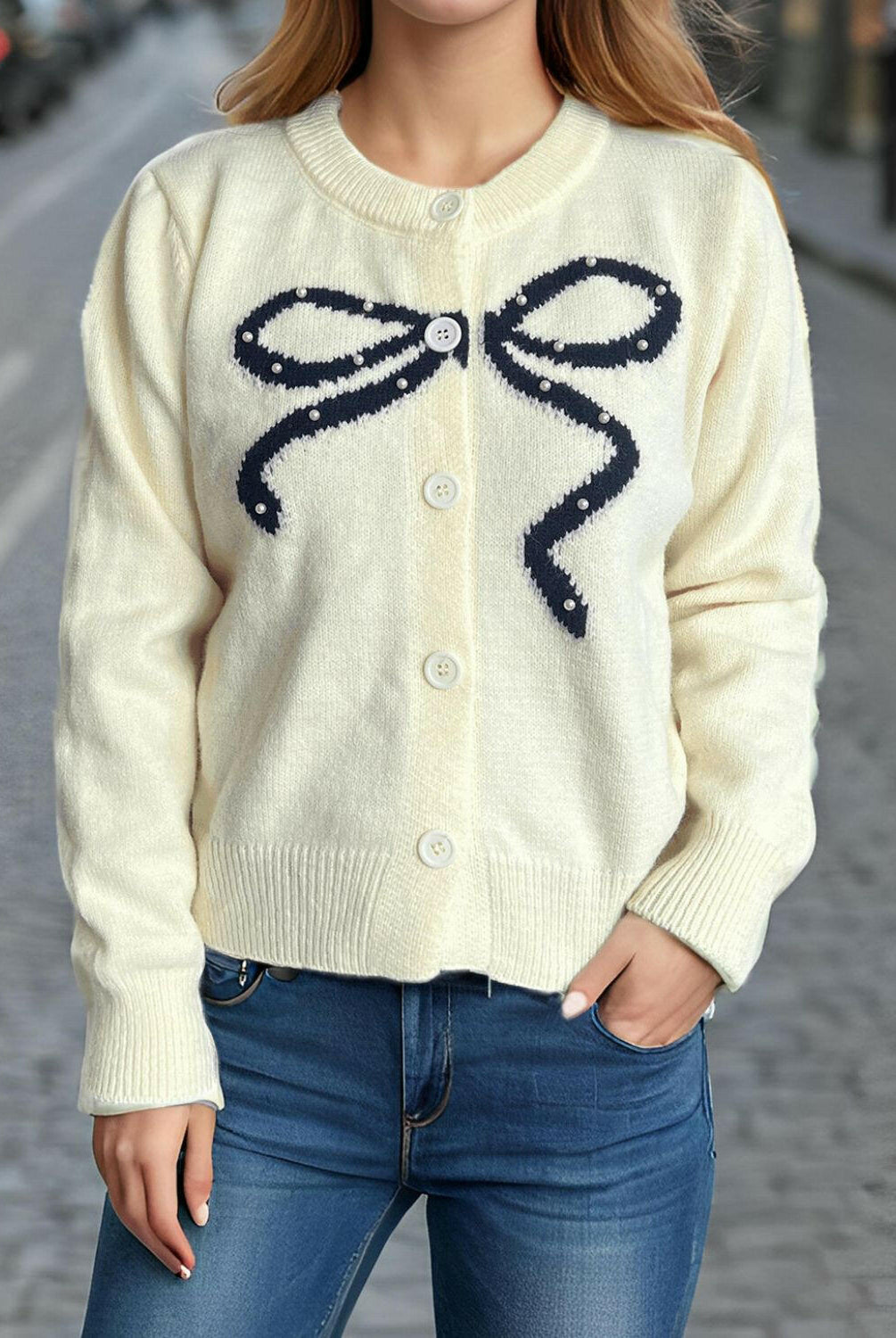 Bow Button Down Round Neck Cardigan-Krush Kandy, Women's Online Fashion Boutique Located in Phoenix, Arizona (Scottsdale Area)