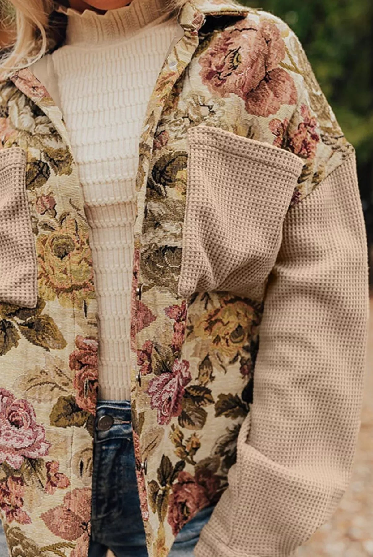 Floral Waffle Knit Patchwork Chest Pockets Buttoned Jacket-Jacket-Krush Kandy, Women's Online Fashion Boutique Located in Phoenix, Arizona (Scottsdale Area)