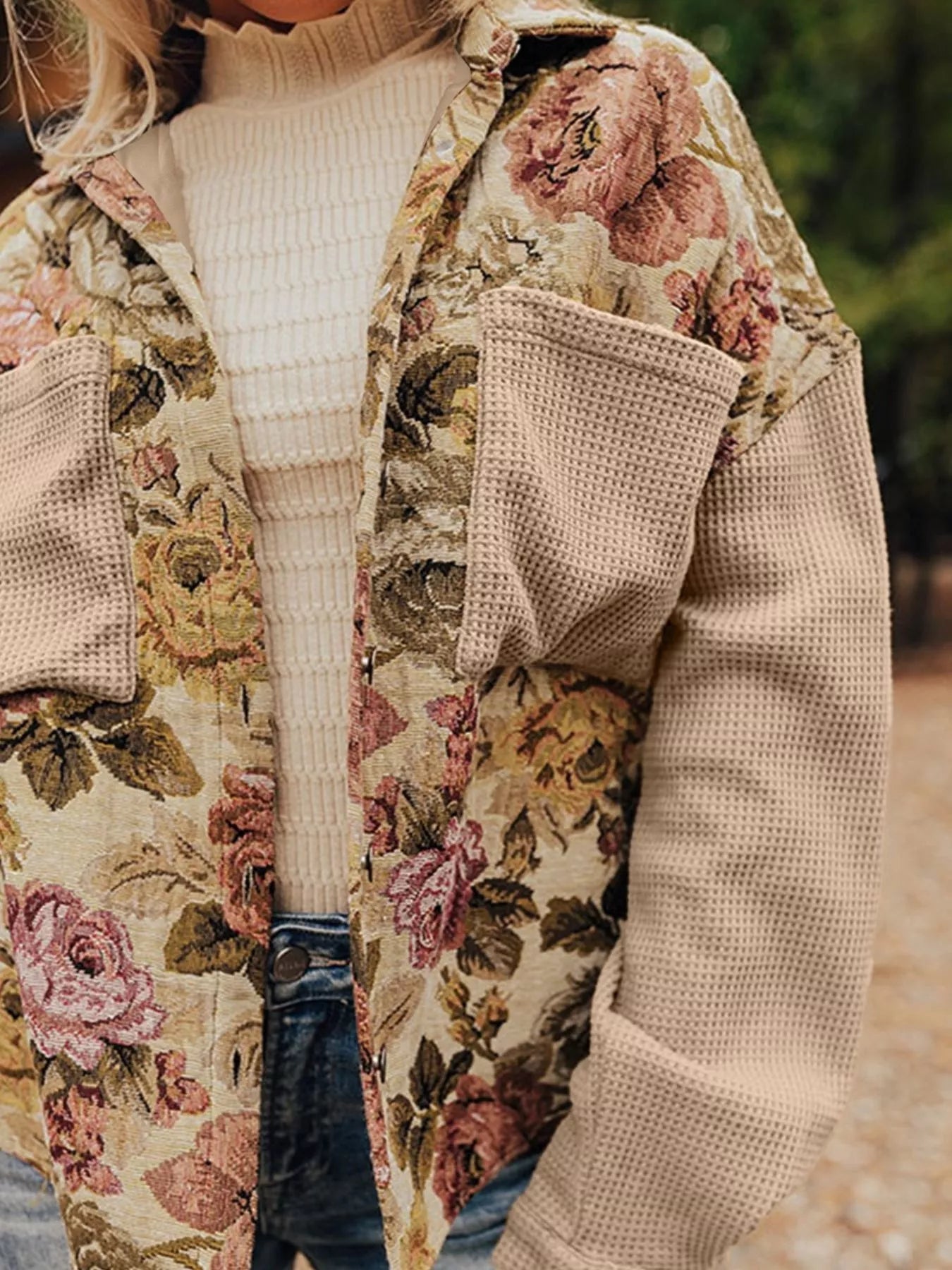 Floral Waffle Knit Patchwork Chest Pockets Buttoned Jacket-Jacket-Krush Kandy, Women's Online Fashion Boutique Located in Phoenix, Arizona (Scottsdale Area)