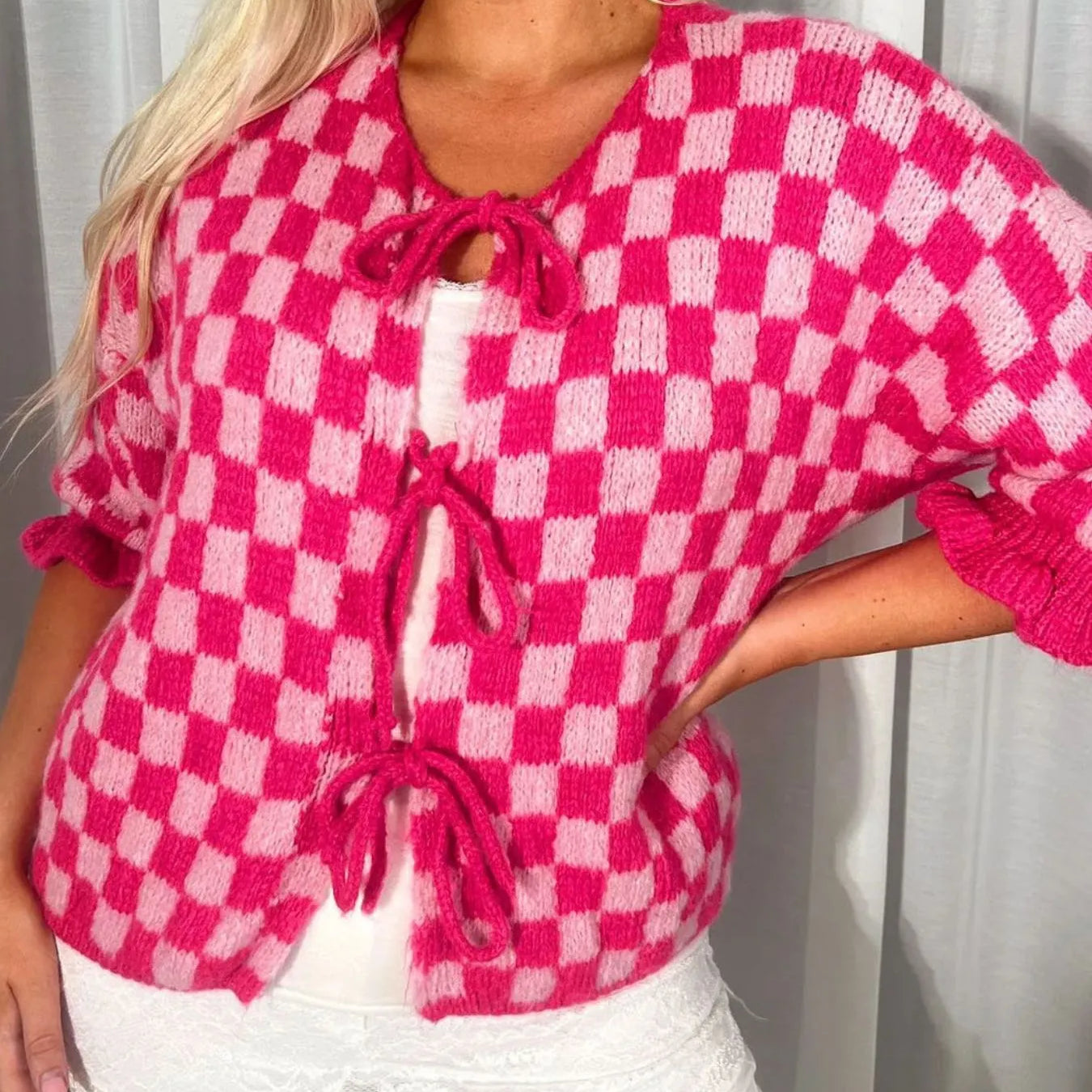 Checkered Tie-Front Knit Cardigan-Cardigan-Krush Kandy, Women's Online Fashion Boutique Located in Phoenix, Arizona (Scottsdale Area)