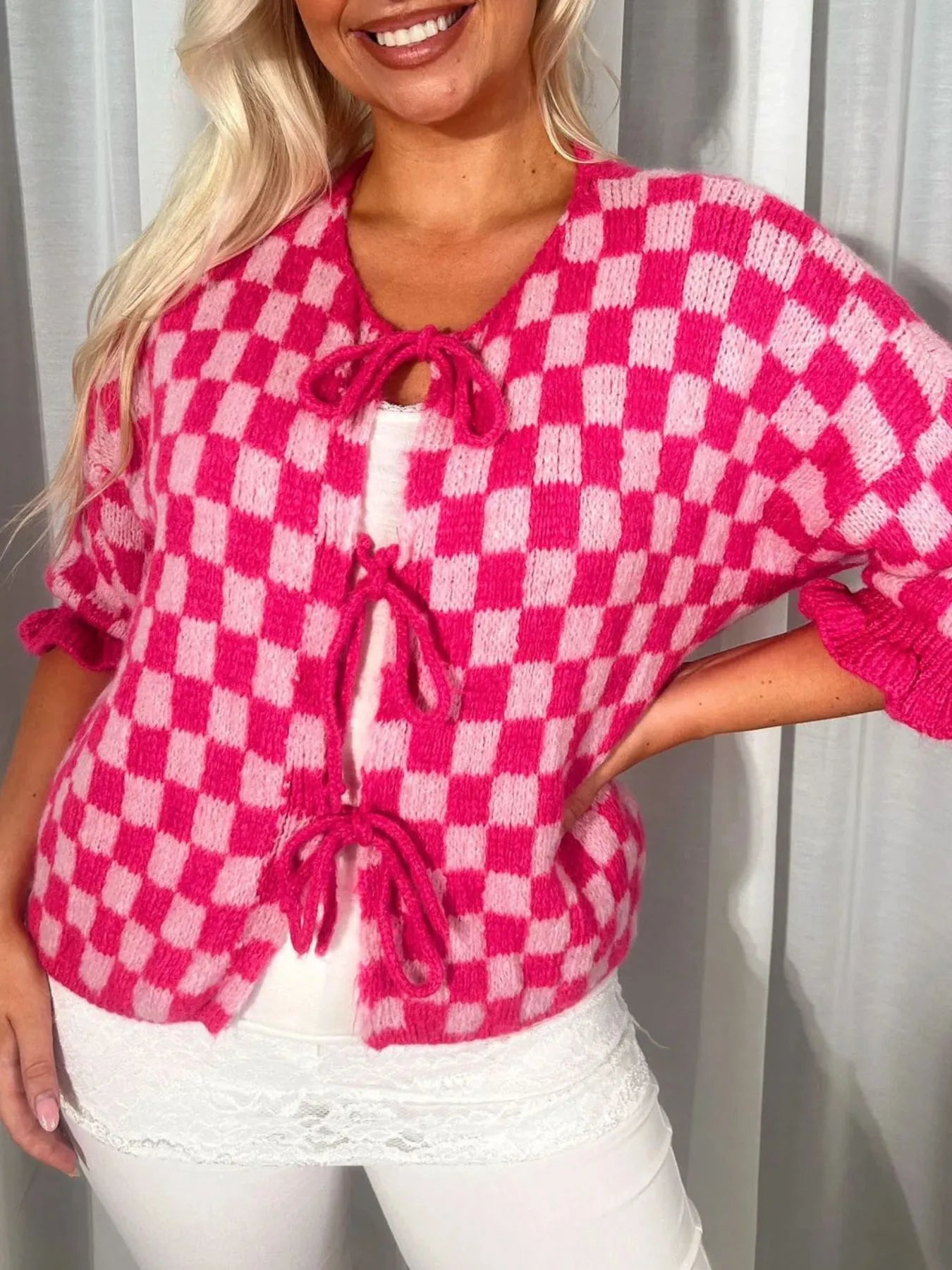 Checkered Tie-Front Knit Cardigan-Cardigan-Krush Kandy, Women's Online Fashion Boutique Located in Phoenix, Arizona (Scottsdale Area)