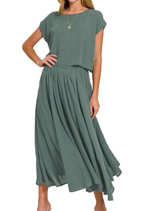 Woven Crinkle Gauze Crop Tee and Skirt Set-2 Piece Outfit Sets-Krush Kandy, Women's Online Fashion Boutique Located in Phoenix, Arizona (Scottsdale Area)