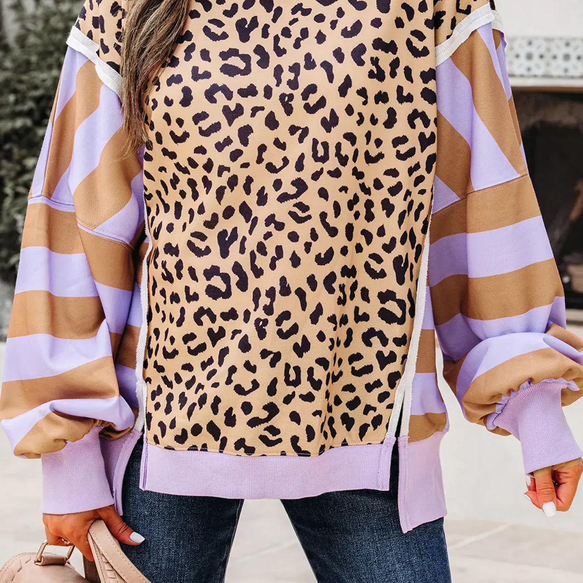 Stripe Color Block Patchwork Leopard Casual Sweatshirt with Slits-Sweaters-Krush Kandy, Women's Online Fashion Boutique Located in Phoenix, Arizona (Scottsdale Area)