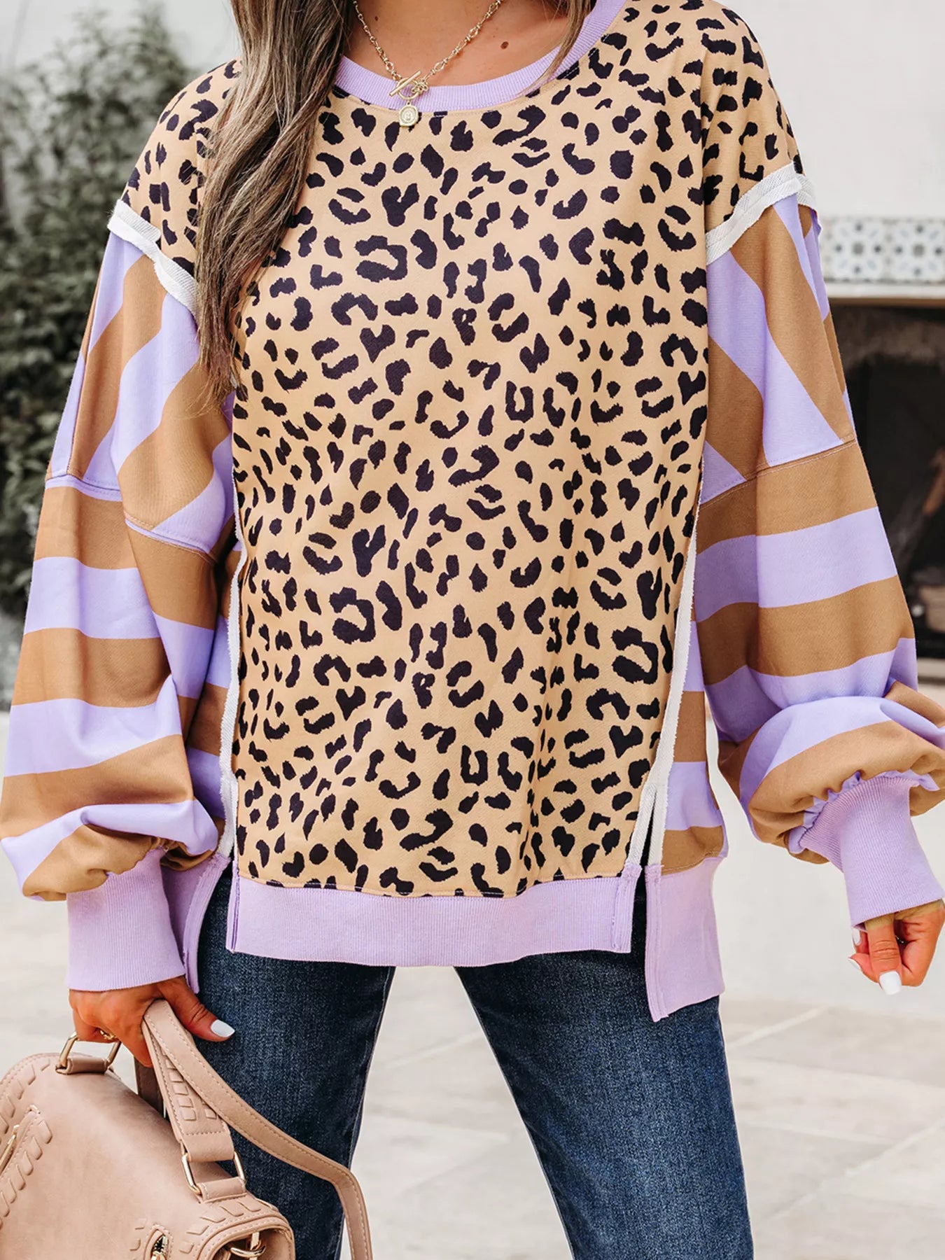 Stripe Color Block Patchwork Leopard Casual Sweatshirt with Slits-Sweaters-Krush Kandy, Women's Online Fashion Boutique Located in Phoenix, Arizona (Scottsdale Area)