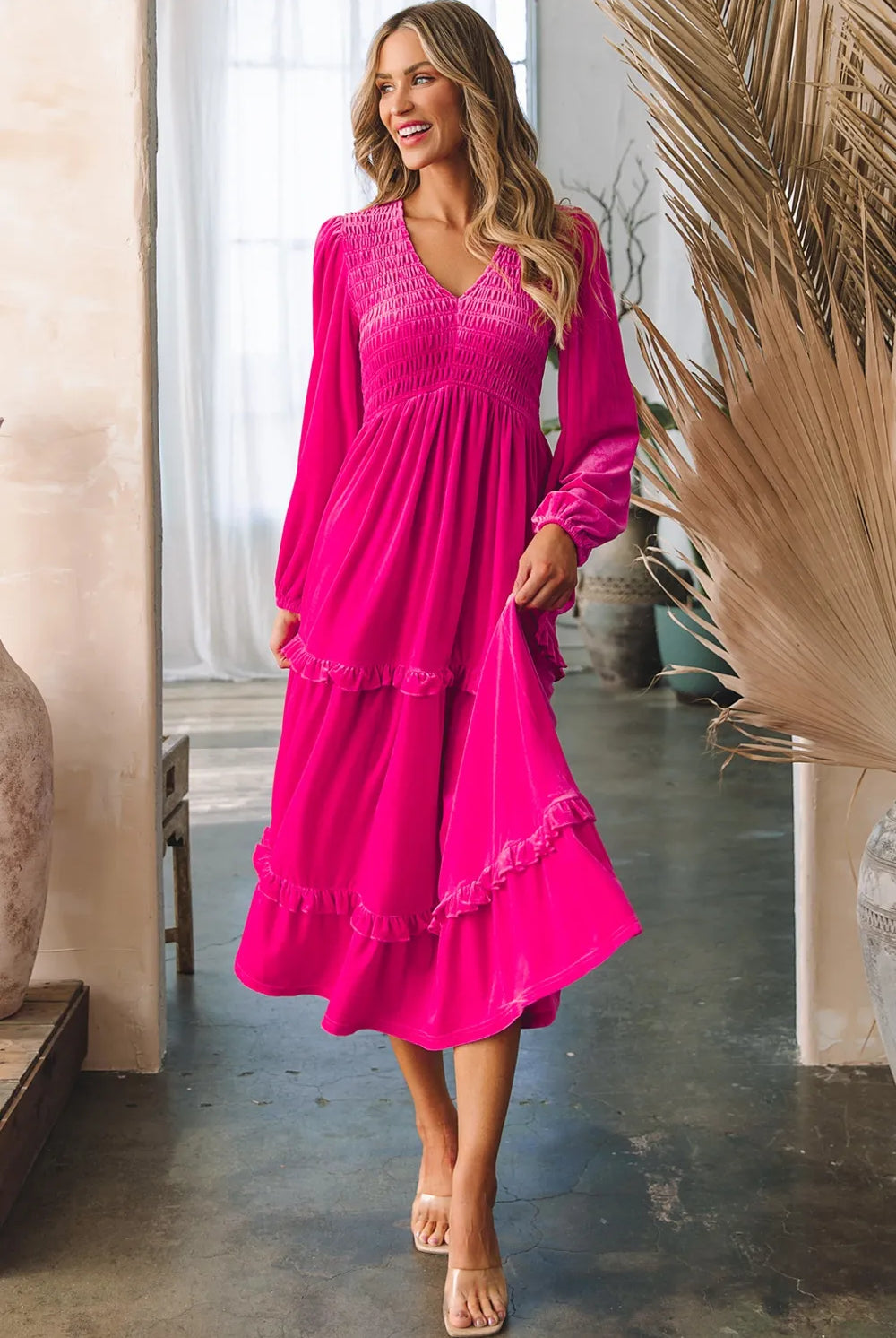 Frill V-Neck Balloon Sleeve Tiered Dress-Dresses-Krush Kandy, Women's Online Fashion Boutique Located in Phoenix, Arizona (Scottsdale Area)