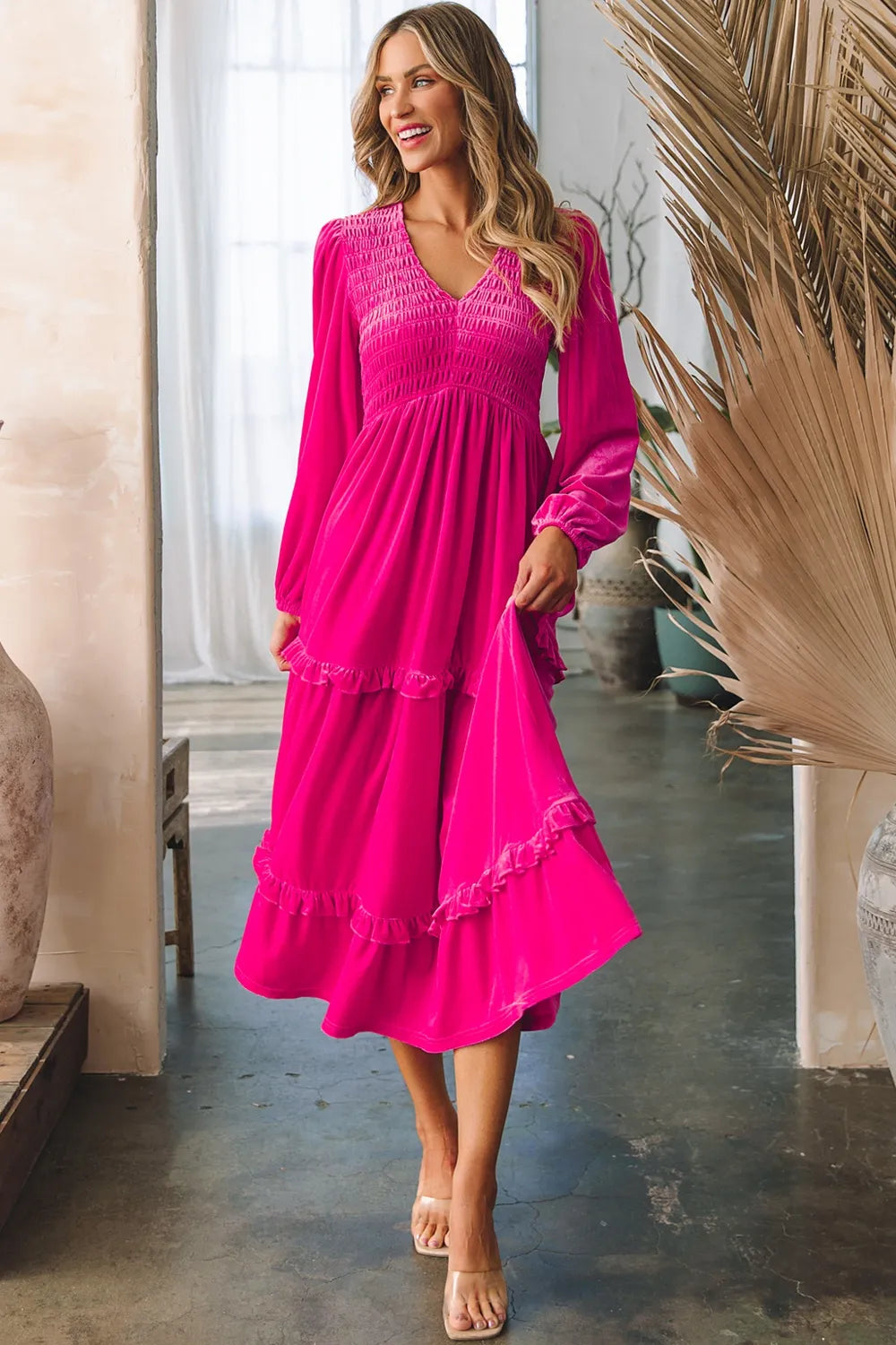 Frill V-Neck Balloon Sleeve Tiered Dress-Dresses-Krush Kandy, Women's Online Fashion Boutique Located in Phoenix, Arizona (Scottsdale Area)