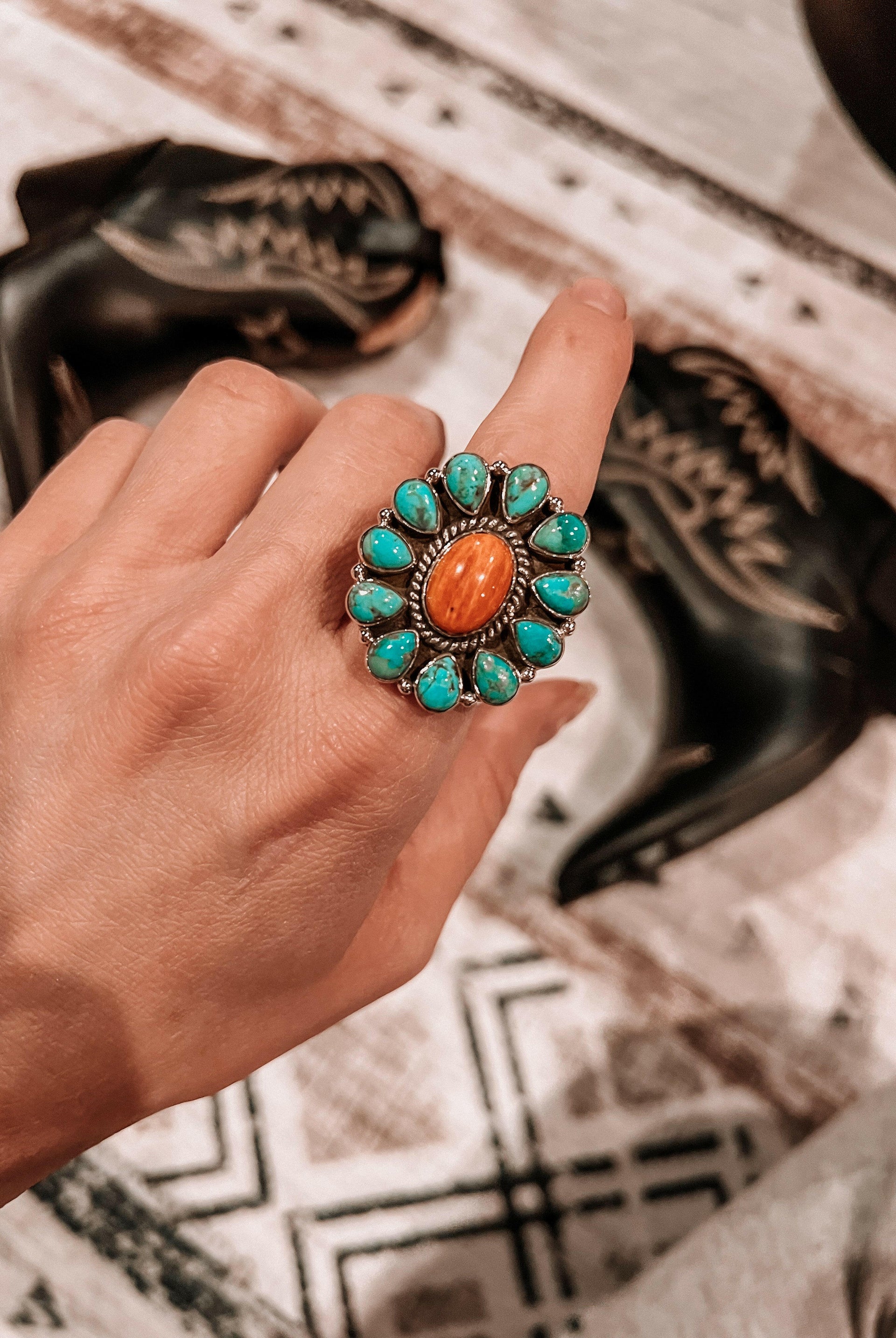 Turquoise & Spiny Oyster Blossom Ring | Krush Kandy Original-Krush Kandy, Women's Online Fashion Boutique Located in Phoenix, Arizona (Scottsdale Area)