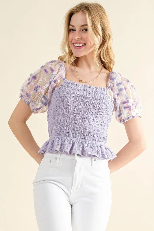 And The Why Embellishment Sleeve Smocked Top-Blouses-Krush Kandy, Women's Online Fashion Boutique Located in Phoenix, Arizona (Scottsdale Area)