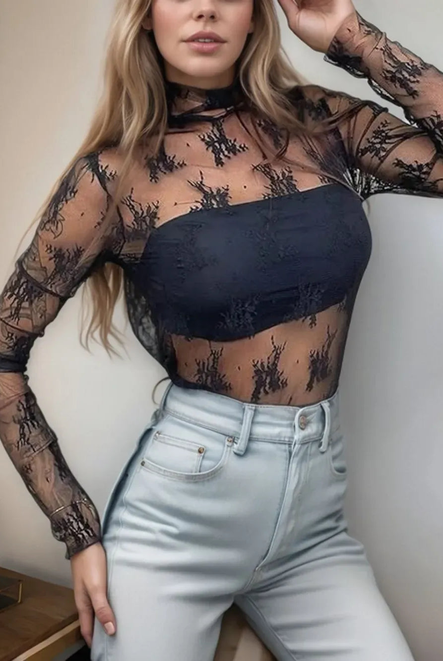 Floral Mock Neck Long Sleeve Mesh Top-Tops-Krush Kandy, Women's Online Fashion Boutique Located in Phoenix, Arizona (Scottsdale Area)