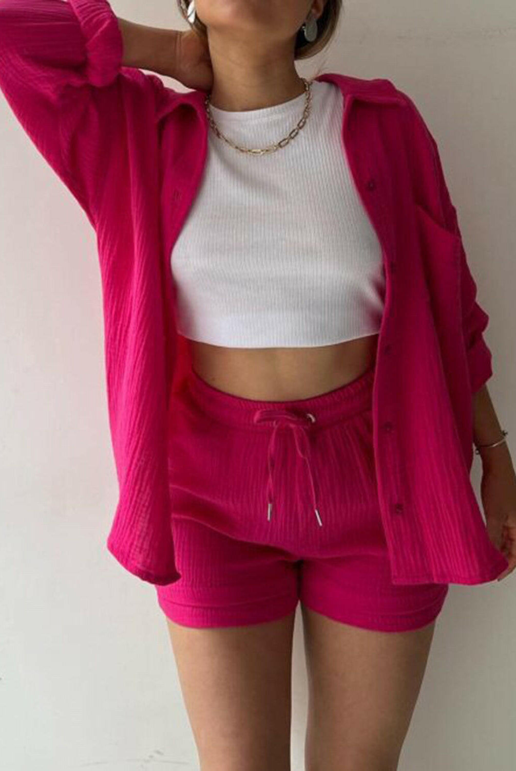 Kinsley Texture Button-Up Shirt and Drawstring Shorts Set-Krush Kandy, Women's Online Fashion Boutique Located in Phoenix, Arizona (Scottsdale Area)