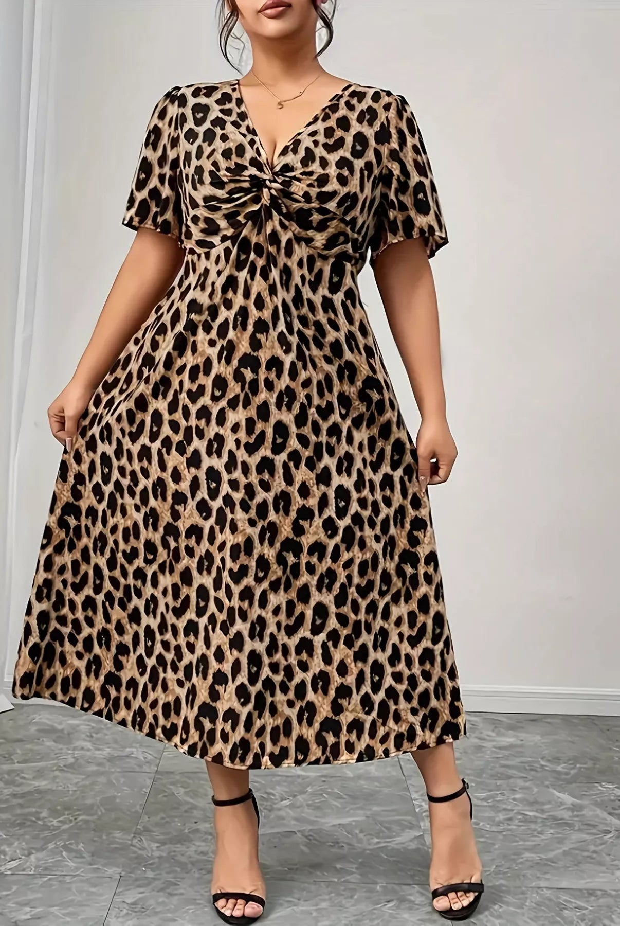 Plus Size Twisted Front Leopard Short Sleeve Dress-Dresses-Krush Kandy, Women's Online Fashion Boutique Located in Phoenix, Arizona (Scottsdale Area)