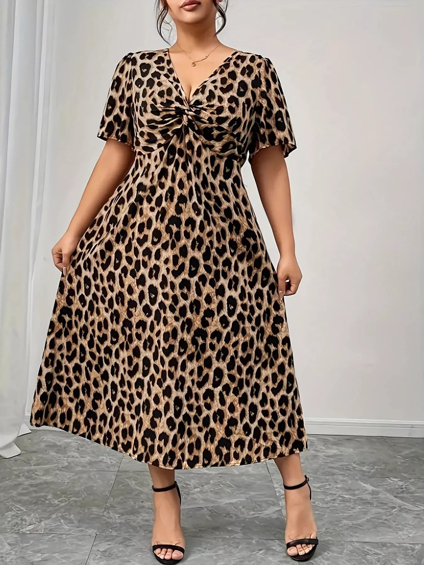 Plus Size Twisted Front Leopard Short Sleeve Dress-Dresses-Krush Kandy, Women's Online Fashion Boutique Located in Phoenix, Arizona (Scottsdale Area)