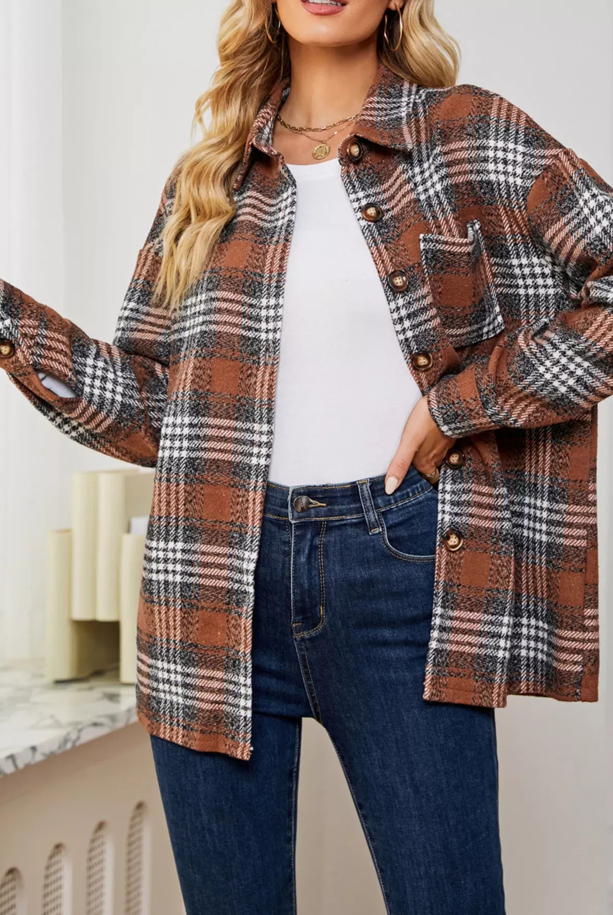 Plaid Button Up Long Sleeve Shacket-Jacket-Krush Kandy, Women's Online Fashion Boutique Located in Phoenix, Arizona (Scottsdale Area)