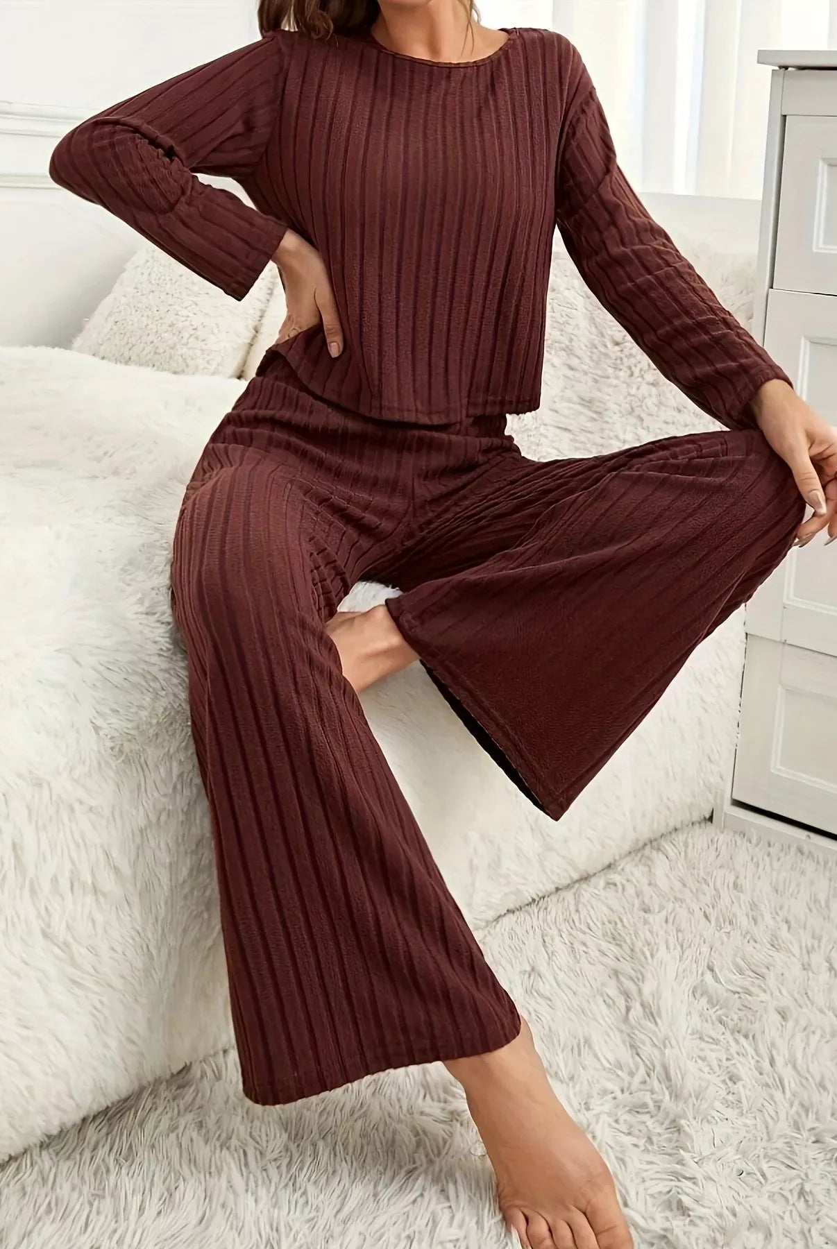 Ribbed Round Neck Long Sleeve Top and Pants Lounge Set-Loungewear-Krush Kandy, Women's Online Fashion Boutique Located in Phoenix, Arizona (Scottsdale Area)