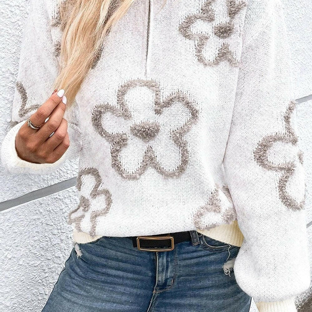 Daisy Doodle Half Zip Flower Sweater-Sweaters-Krush Kandy, Women's Online Fashion Boutique Located in Phoenix, Arizona (Scottsdale Area)