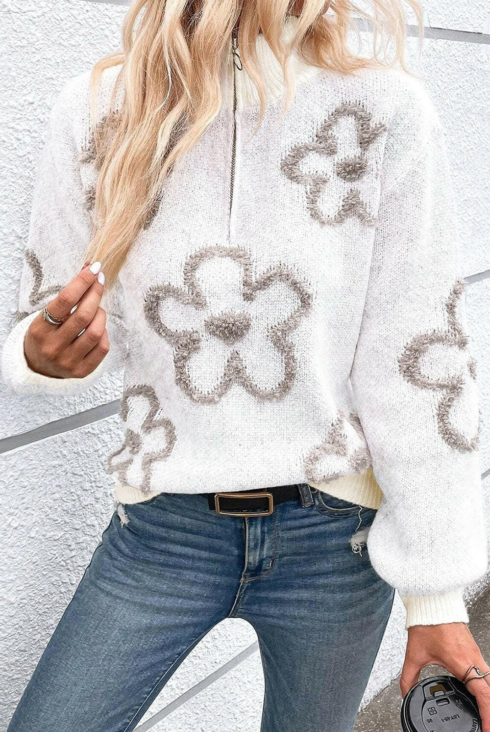 Daisy Doodle Half Zip Flower Sweater-Sweaters-Krush Kandy, Women's Online Fashion Boutique Located in Phoenix, Arizona (Scottsdale Area)