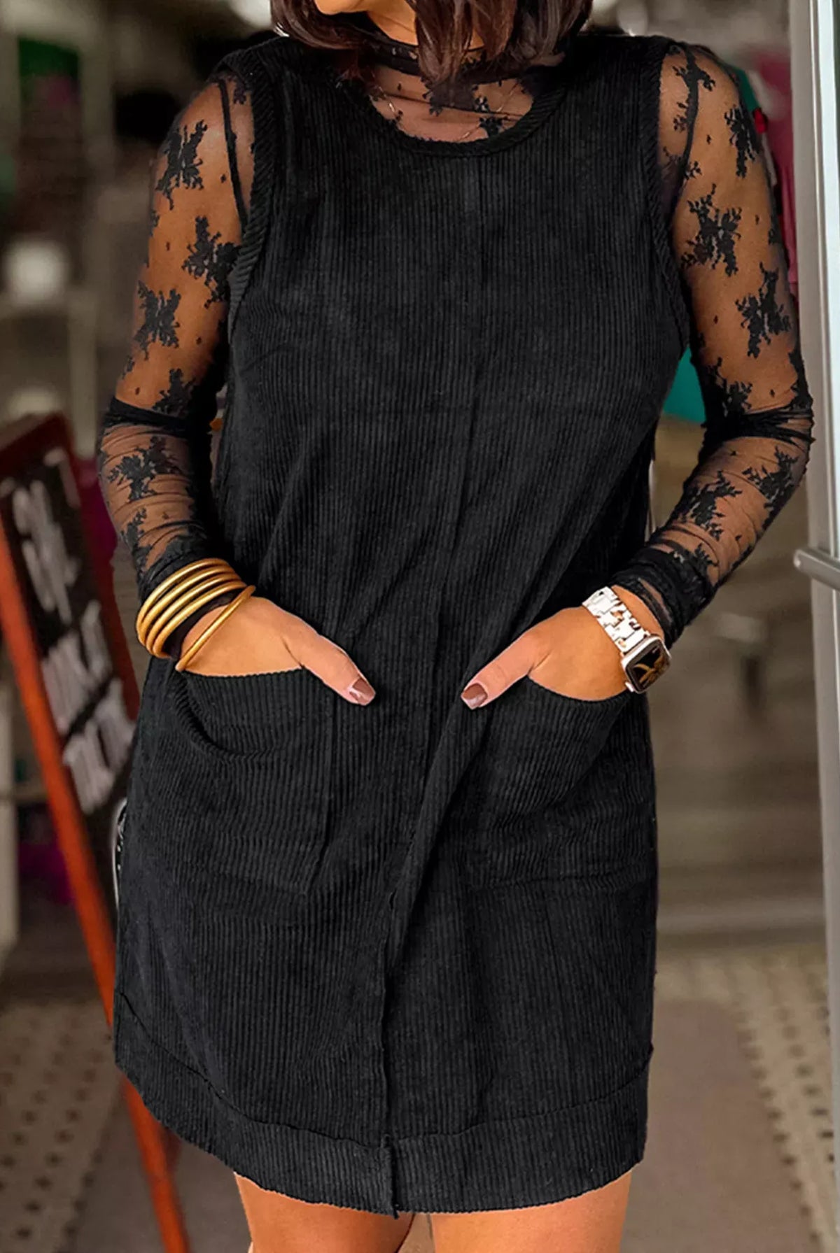 Corduroy Sleeveless Mini Dress with Patched Pockets-Dresses-Krush Kandy, Women's Online Fashion Boutique Located in Phoenix, Arizona (Scottsdale Area)