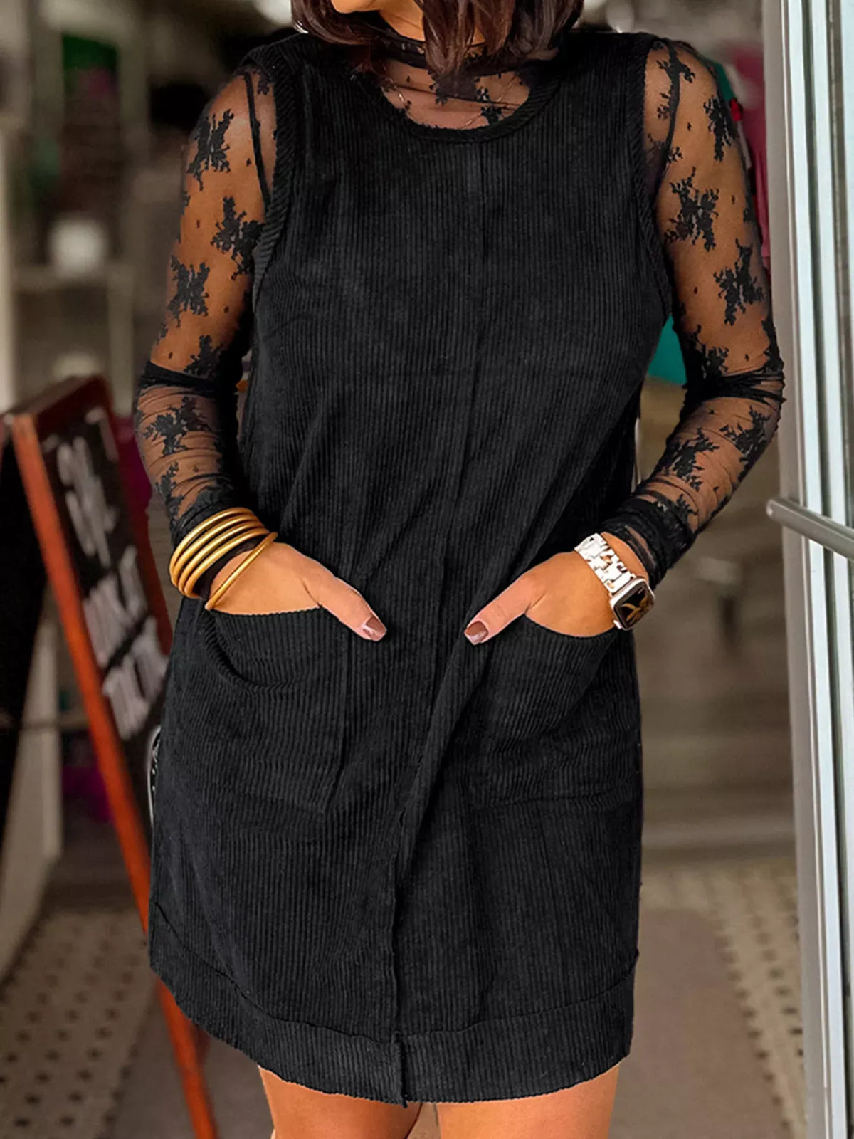 Corduroy Sleeveless Mini Dress with Patched Pockets-Dresses-Krush Kandy, Women's Online Fashion Boutique Located in Phoenix, Arizona (Scottsdale Area)