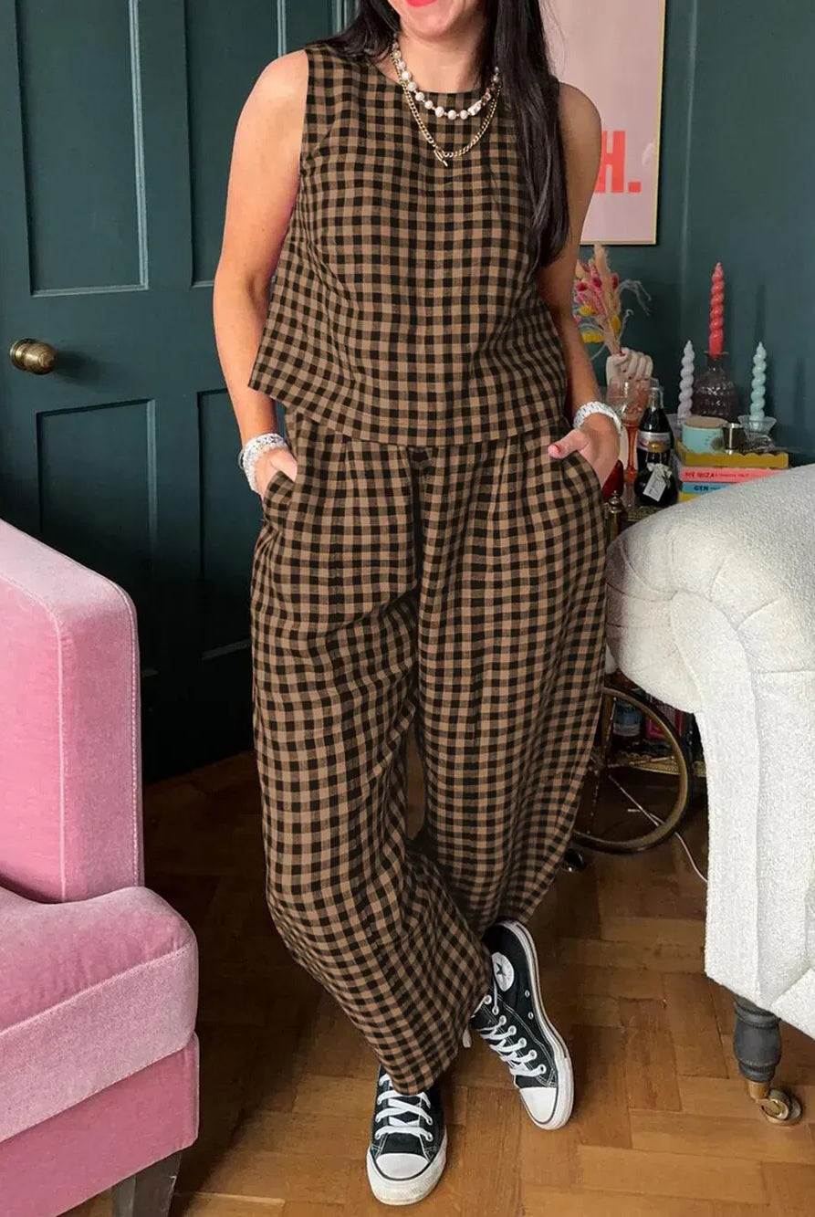 Lovelet Plaid Round Neck Sleeveless Top and Pants Set-2 Piece Outfit Sets-Krush Kandy, Women's Online Fashion Boutique Located in Phoenix, Arizona (Scottsdale Area)