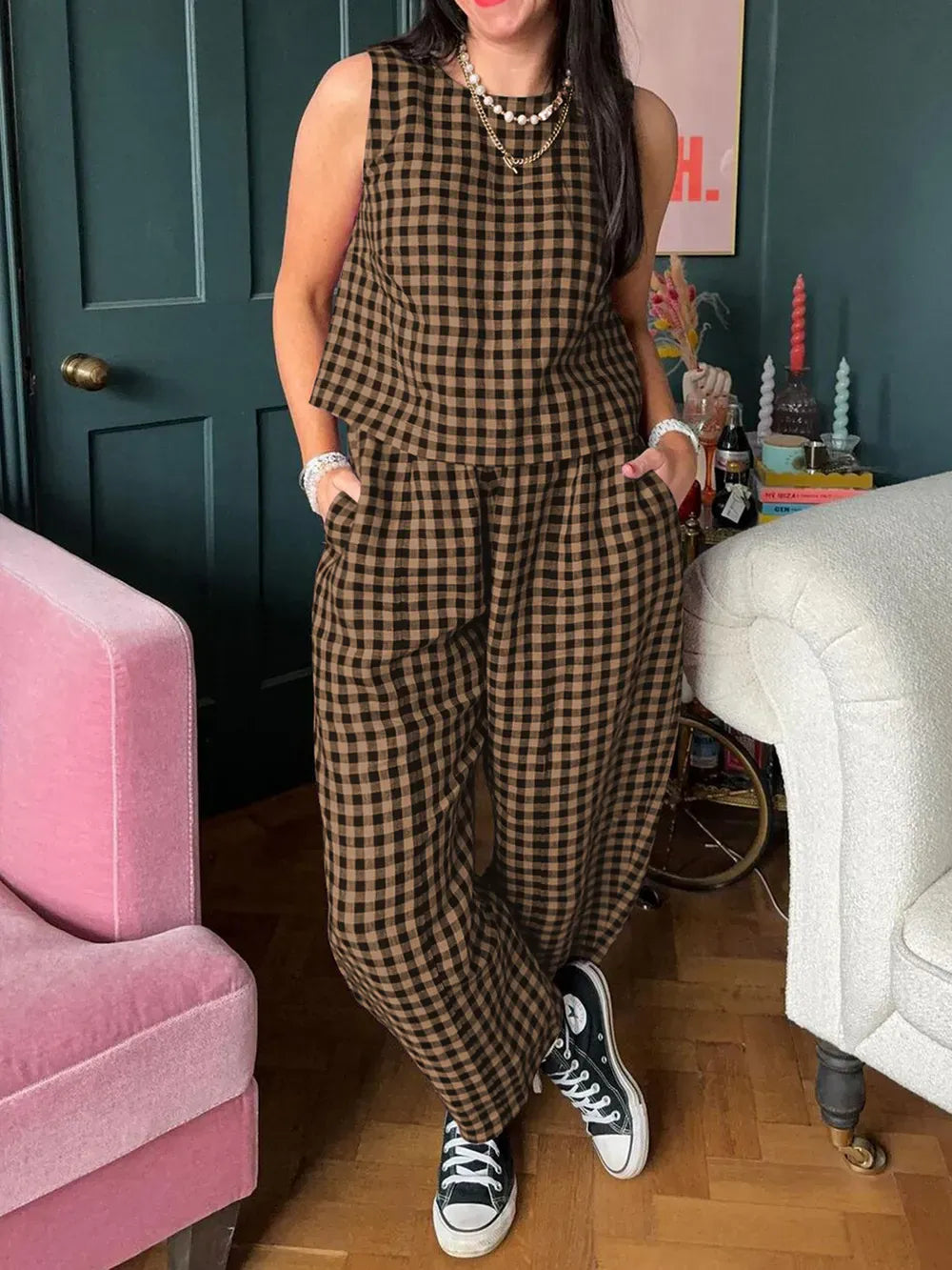 Lovelet Plaid Round Neck Sleeveless Top and Pants Set-2 Piece Outfit Sets-Krush Kandy, Women's Online Fashion Boutique Located in Phoenix, Arizona (Scottsdale Area)