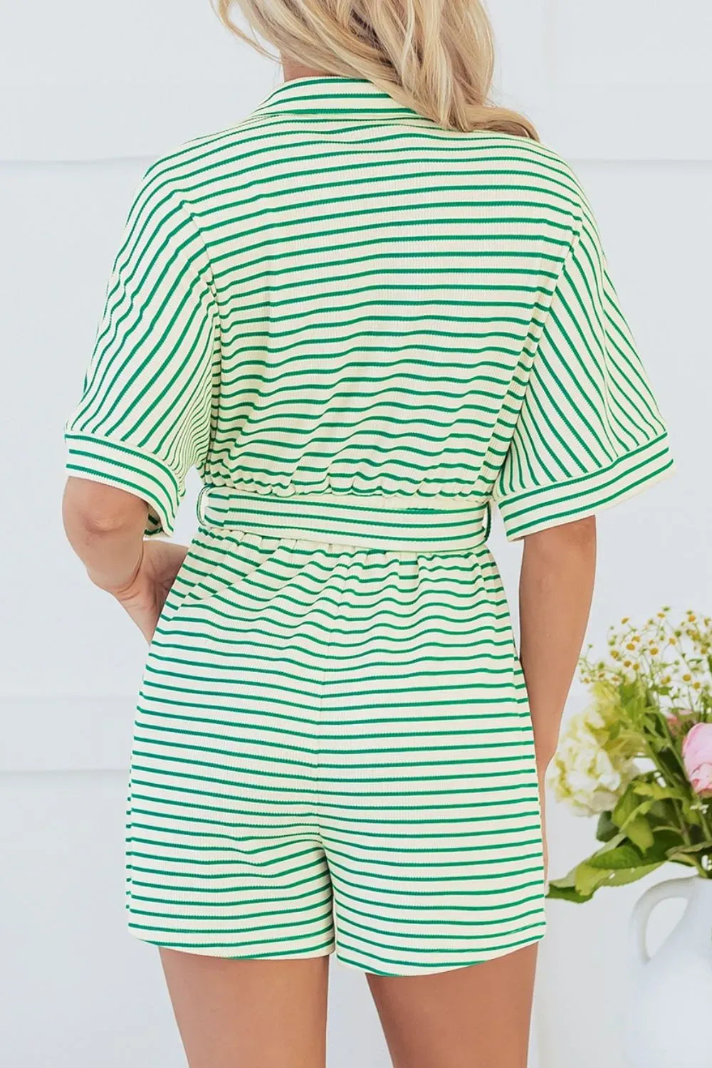 Striped Half Sleeve Tie Waist Romper-Jumpsuits & Rompers-Krush Kandy, Women's Online Fashion Boutique Located in Phoenix, Arizona (Scottsdale Area)