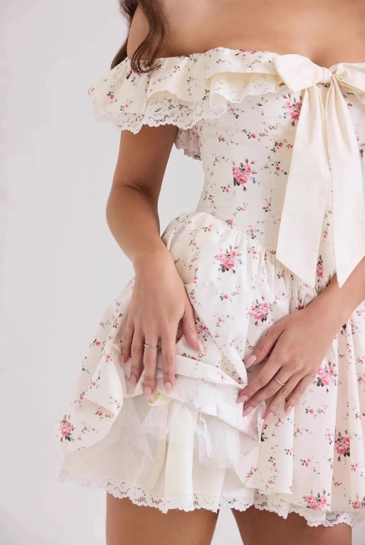 Off-Shoulder Floral Lace Trim Mini Dress-Dresses-Krush Kandy, Women's Online Fashion Boutique Located in Phoenix, Arizona (Scottsdale Area)