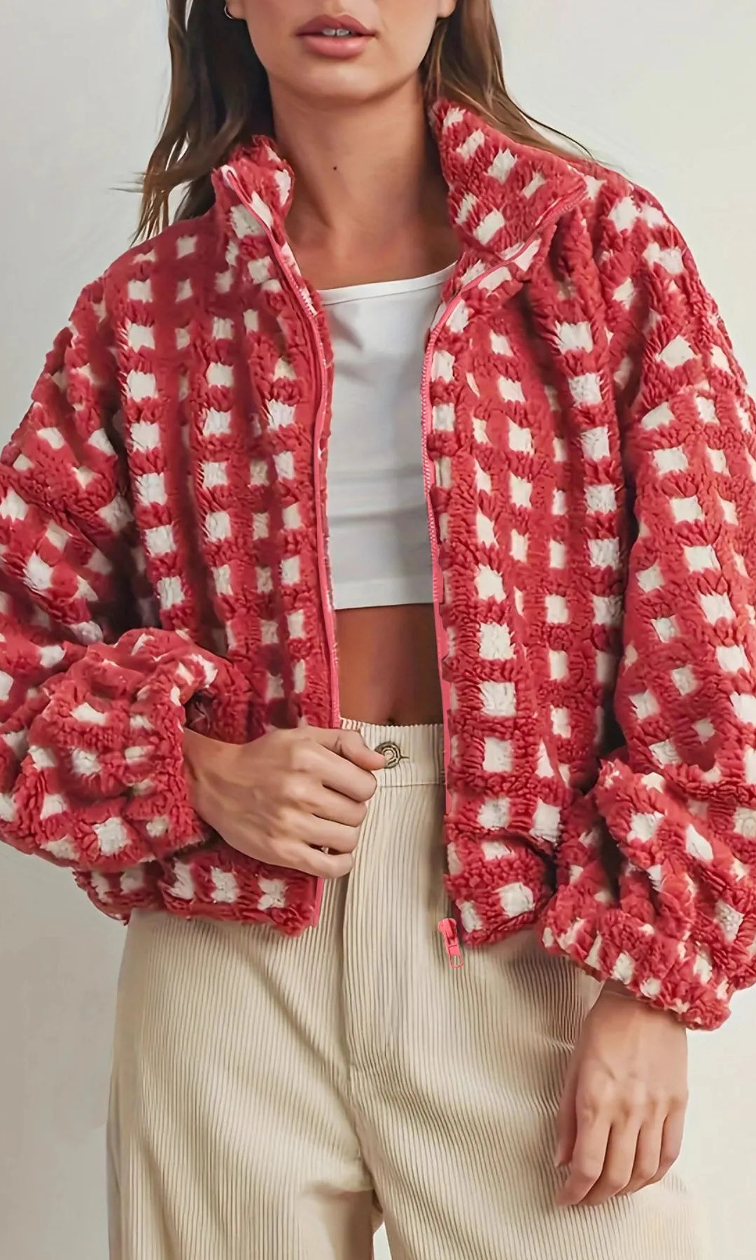 Fleece Checkered Puff Sleeve Bomber Jacket-Jacket-Krush Kandy, Women's Online Fashion Boutique Located in Phoenix, Arizona (Scottsdale Area)