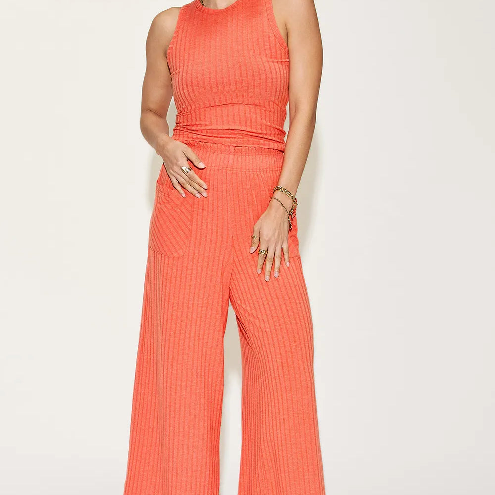 Basic Bae Full Size Ribbed Tank and Wide Leg Pants Set-2 Piece Outfit Sets-Krush Kandy, Women's Online Fashion Boutique Located in Phoenix, Arizona (Scottsdale Area)
