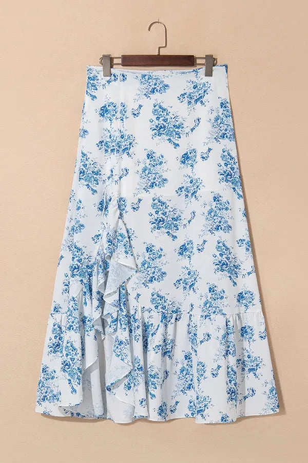 Blue & White Floral Ruffle Maxi Skirt-Krush Kandy, Women's Online Fashion Boutique Located in Phoenix, Arizona (Scottsdale Area)