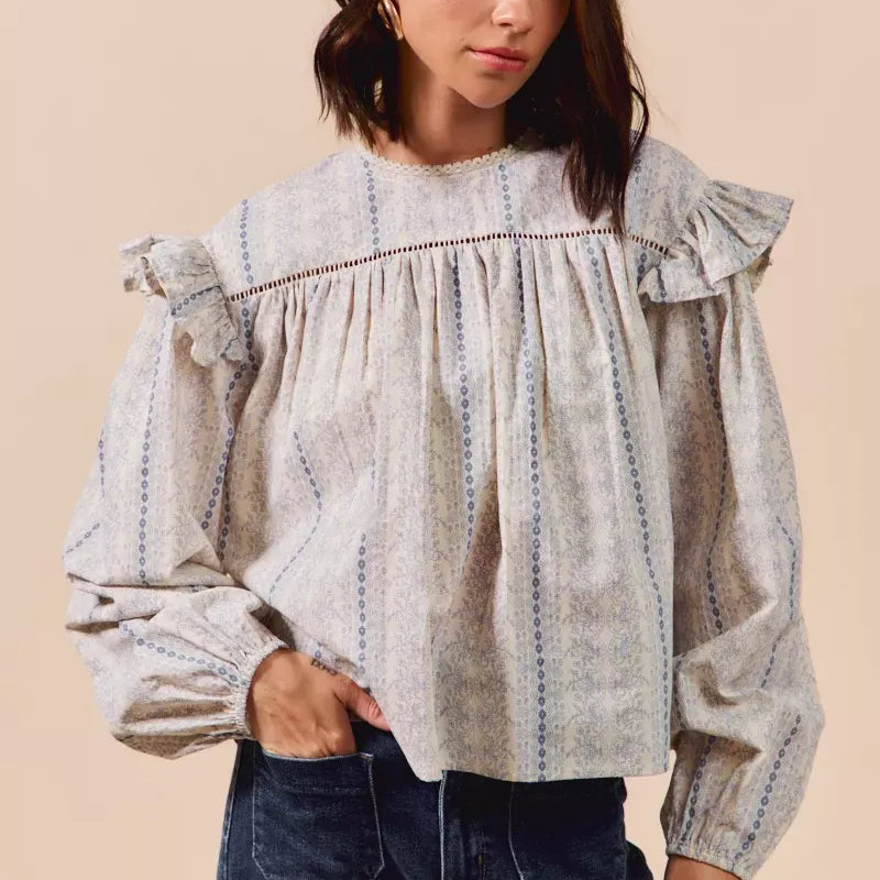 SO ME Floral Cotton Print Ruffled Long Sleeve Blouse-Tops-Krush Kandy, Women's Online Fashion Boutique Located in Phoenix, Arizona (Scottsdale Area)