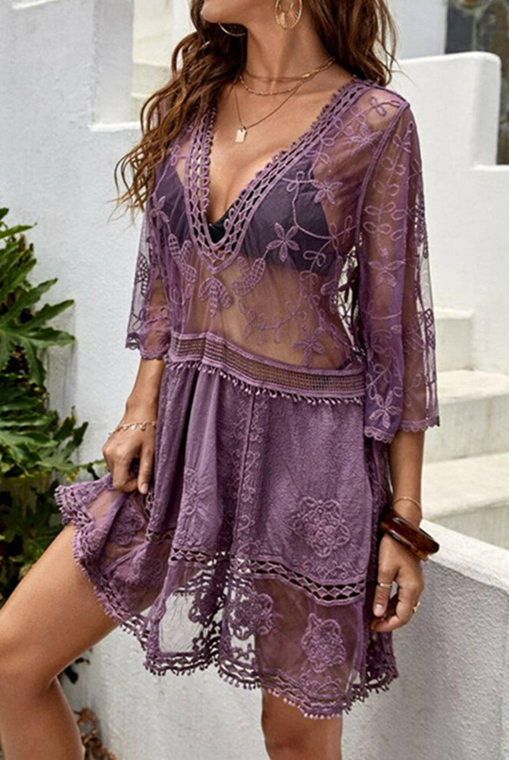 Lace Detail Plunge Cover-Up Dress-Krush Kandy, Women's Online Fashion Boutique Located in Phoenix, Arizona (Scottsdale Area)