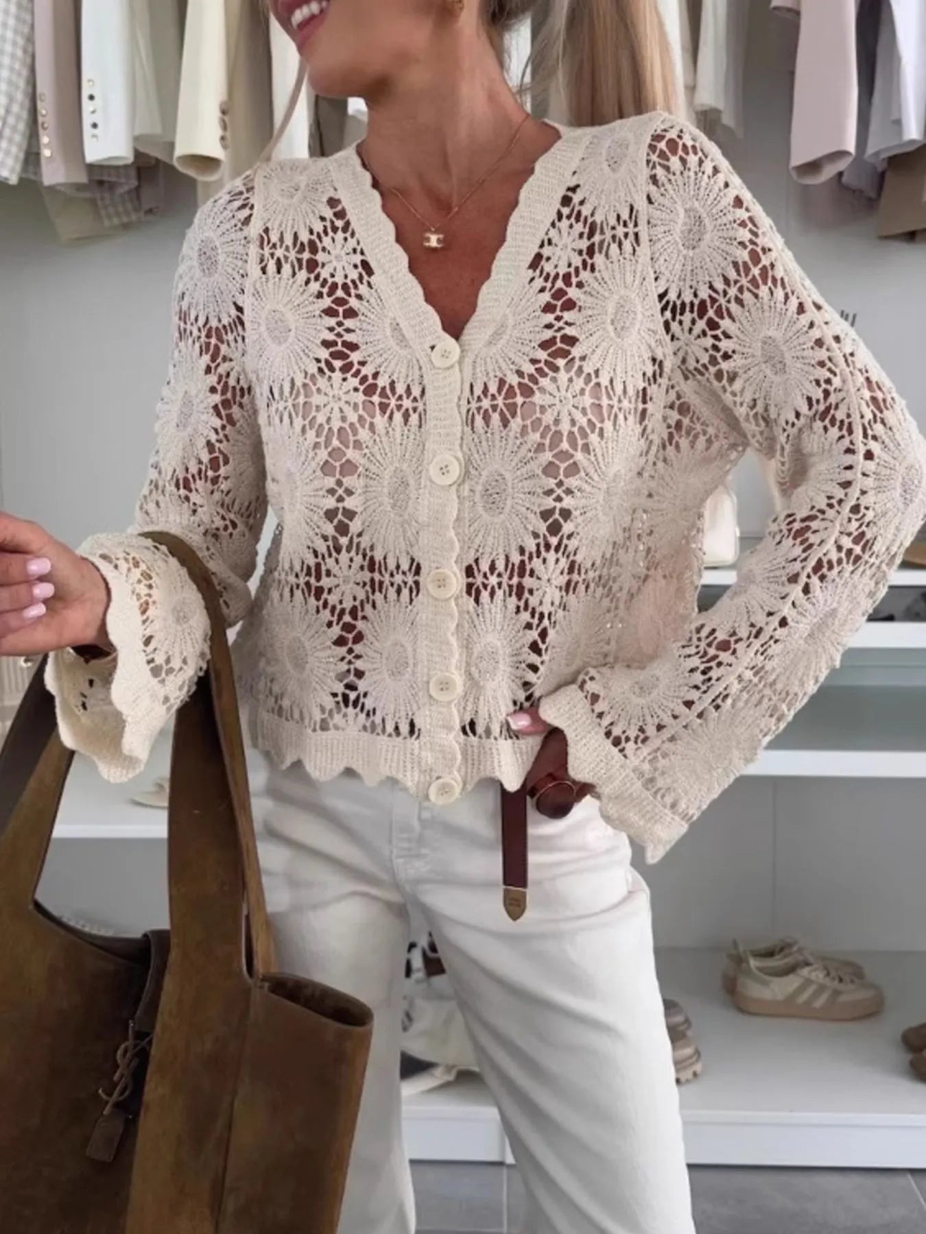 Lace V-Neck Button-Up Cardigan-Tops-Krush Kandy, Women's Online Fashion Boutique Located in Phoenix, Arizona (Scottsdale Area)