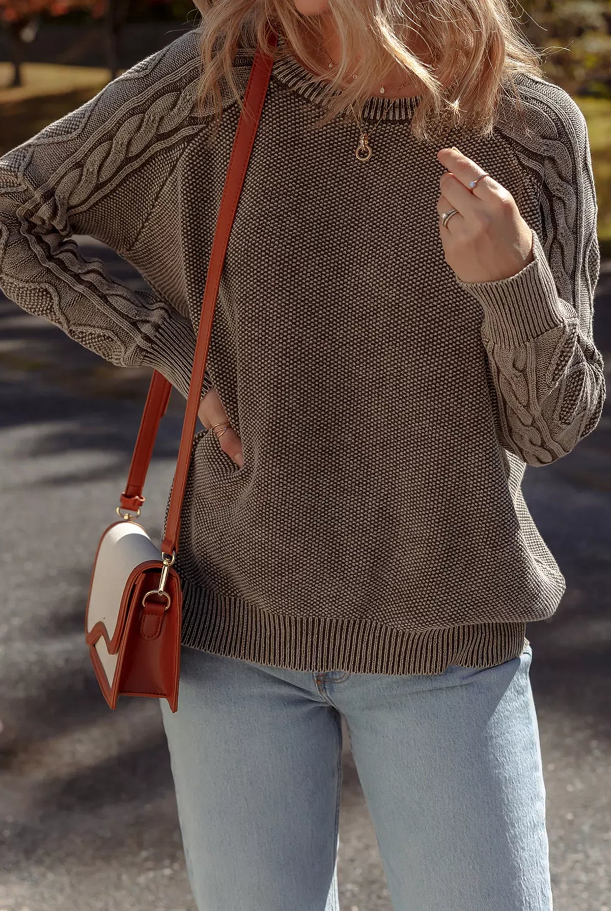 Contrast Cable Knit Sleeve Casual Sweater-Sweaters-Krush Kandy, Women's Online Fashion Boutique Located in Phoenix, Arizona (Scottsdale Area)