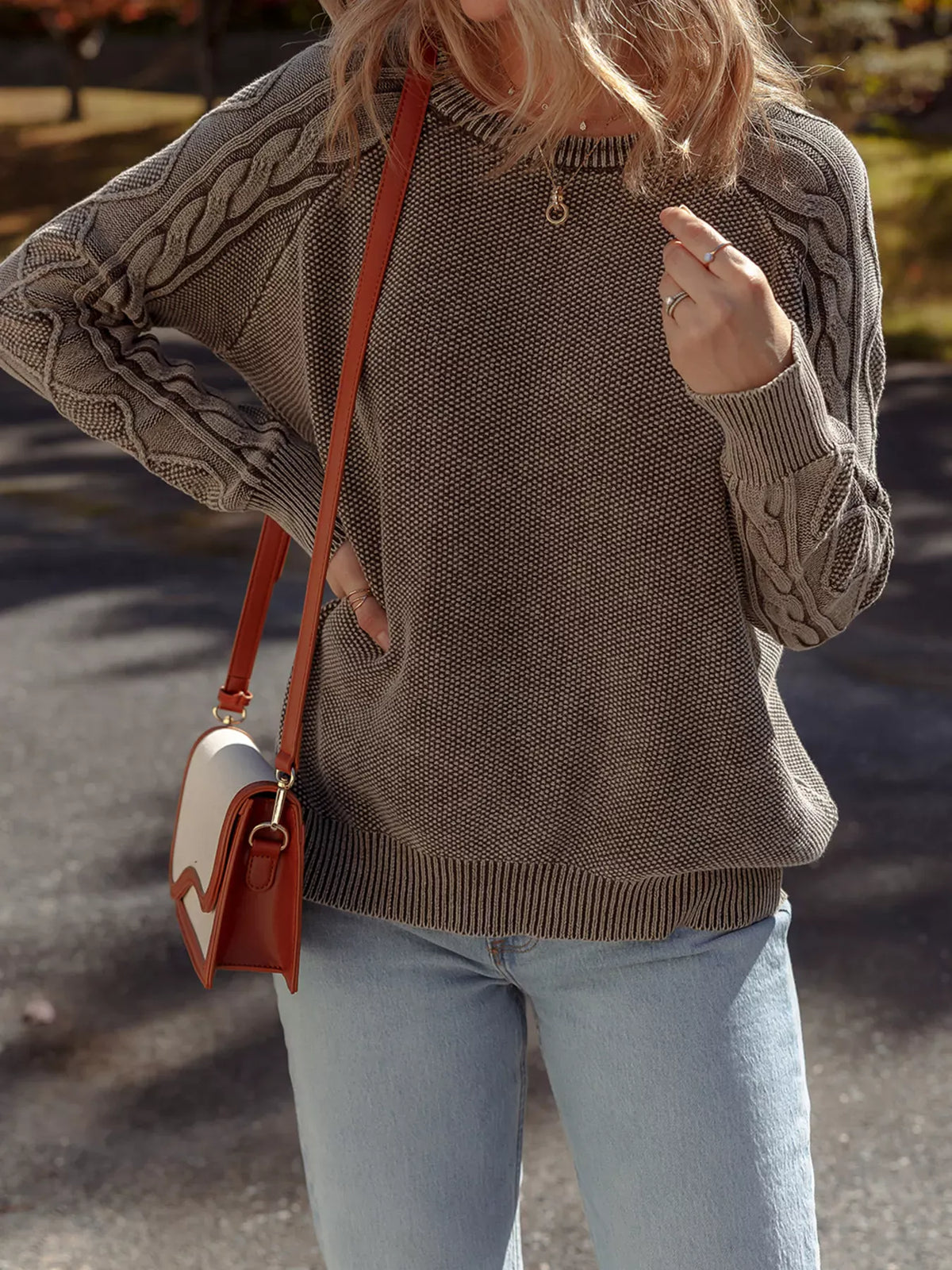 Contrast Cable Knit Sleeve Casual Sweater-Sweaters-Krush Kandy, Women's Online Fashion Boutique Located in Phoenix, Arizona (Scottsdale Area)