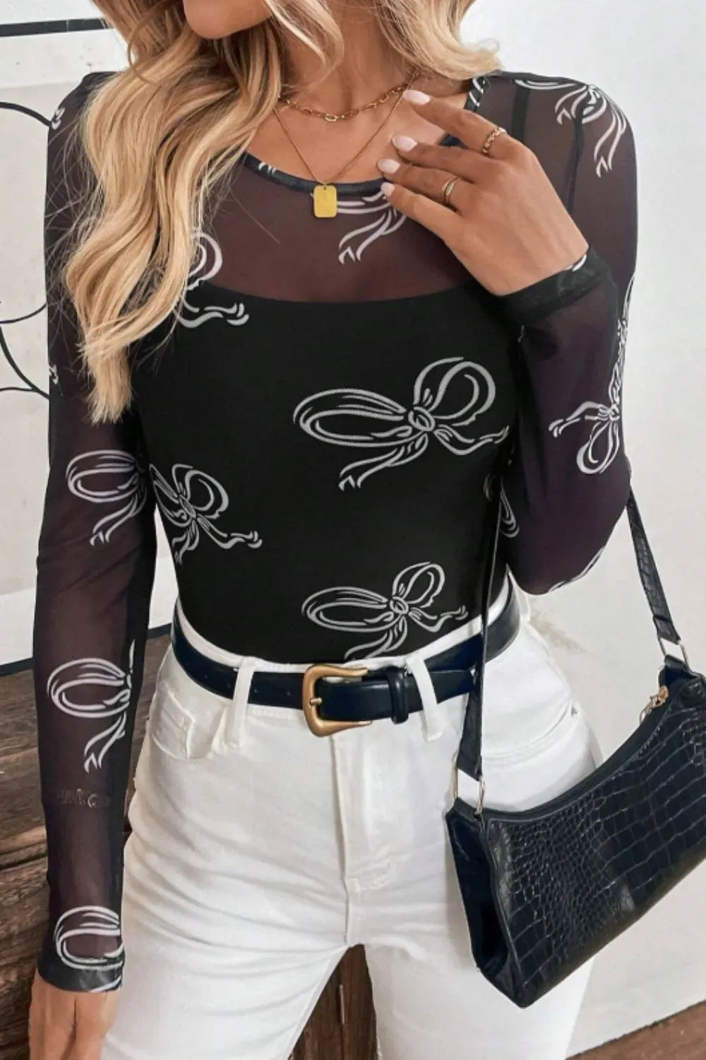 Bow Round Neck Long Sleeve Top-Tops-Krush Kandy, Women's Online Fashion Boutique Located in Phoenix, Arizona (Scottsdale Area)