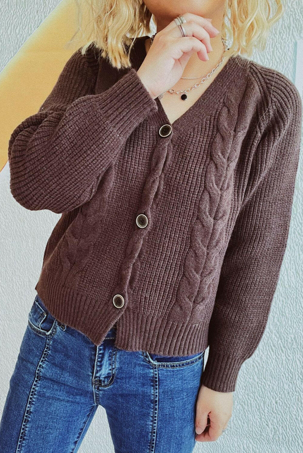 Cable-Knit V-Neck Button Down Long Sleeve Cardigan-Krush Kandy, Women's Online Fashion Boutique Located in Phoenix, Arizona (Scottsdale Area)