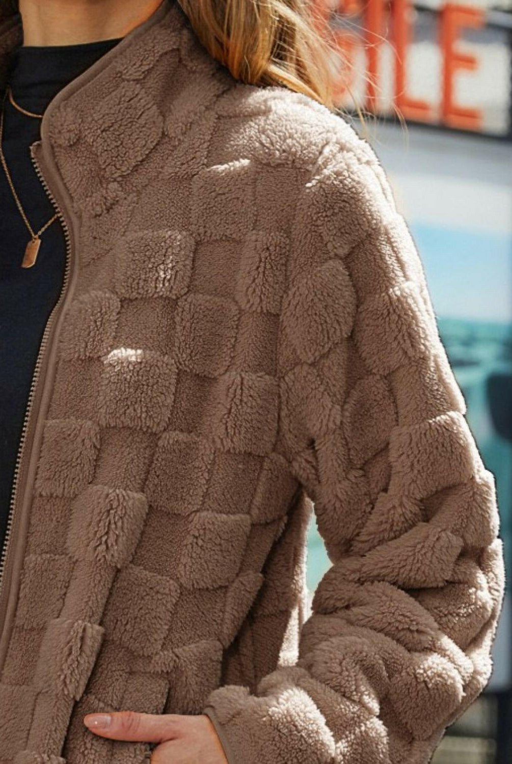 Fuzzy Checkered Zip Up Jacket-Krush Kandy, Women's Online Fashion Boutique Located in Phoenix, Arizona (Scottsdale Area)