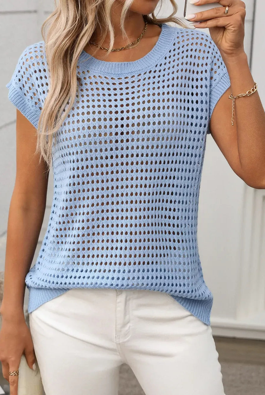 Openwork Round Neck Short Sleeve Knit Cover Up-Krush Kandy, Women's Online Fashion Boutique Located in Phoenix, Arizona (Scottsdale Area)