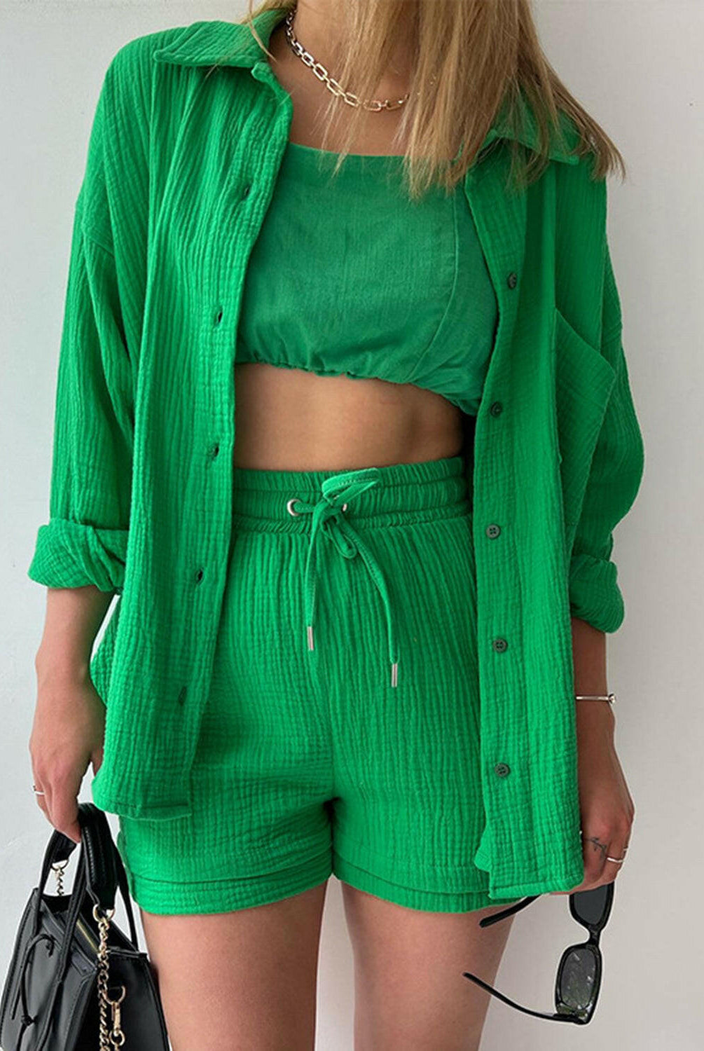 Kinsley Texture Button-Up Shirt and Drawstring Shorts Set-Krush Kandy, Women's Online Fashion Boutique Located in Phoenix, Arizona (Scottsdale Area)