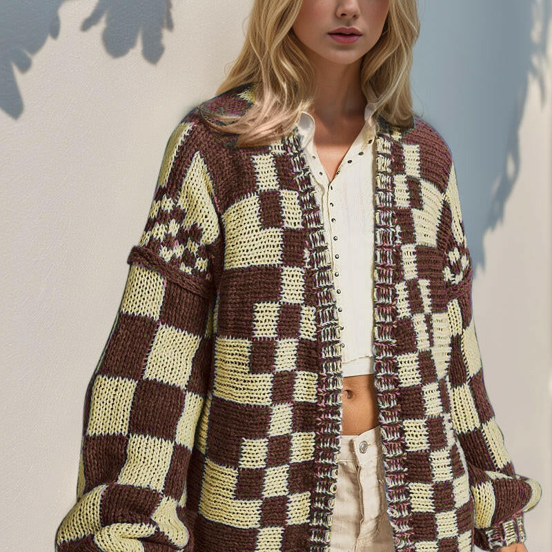 Double Take Full Size Open Front Checkered Drop Shoulder Cardigan-Krush Kandy, Women's Online Fashion Boutique Located in Phoenix, Arizona (Scottsdale Area)
