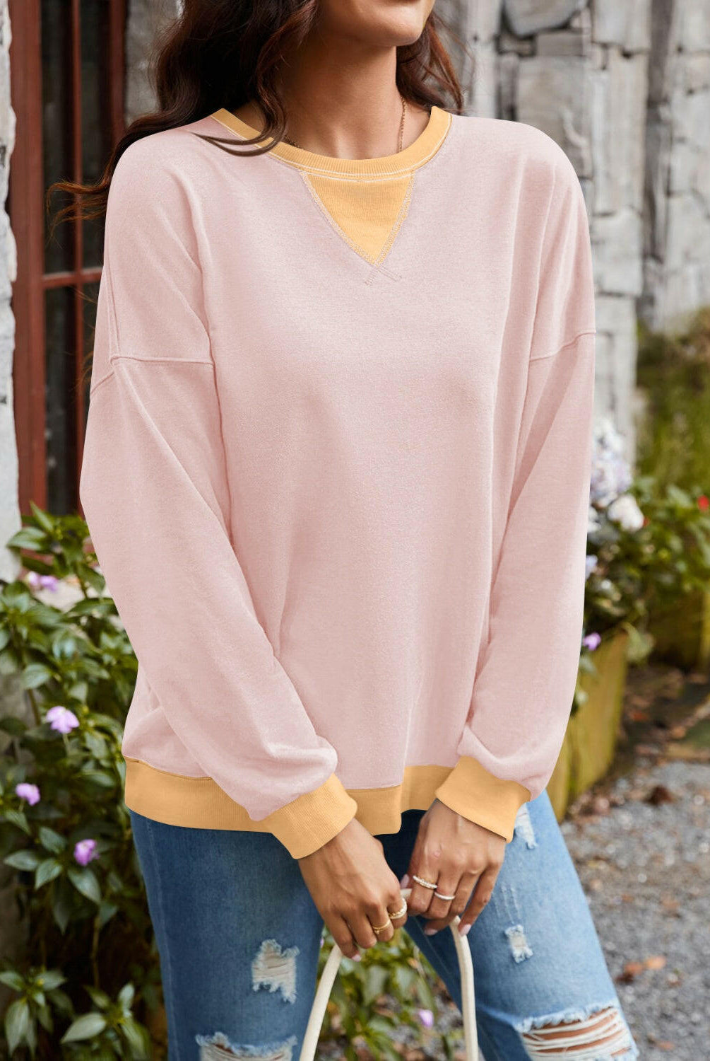 Lovelet Contrast Round Neck Long Sleeve Sweatshirt-Krush Kandy, Women's Online Fashion Boutique Located in Phoenix, Arizona (Scottsdale Area)