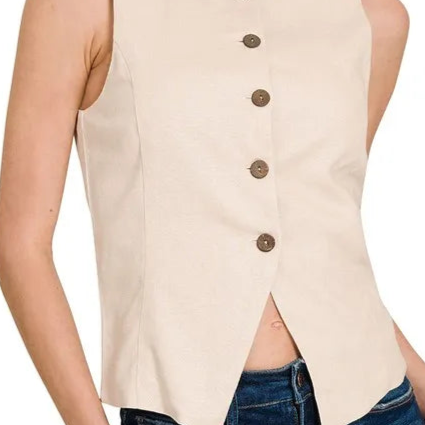 Linen Button Down Vest-Vests-Krush Kandy, Women's Online Fashion Boutique Located in Phoenix, Arizona (Scottsdale Area)
