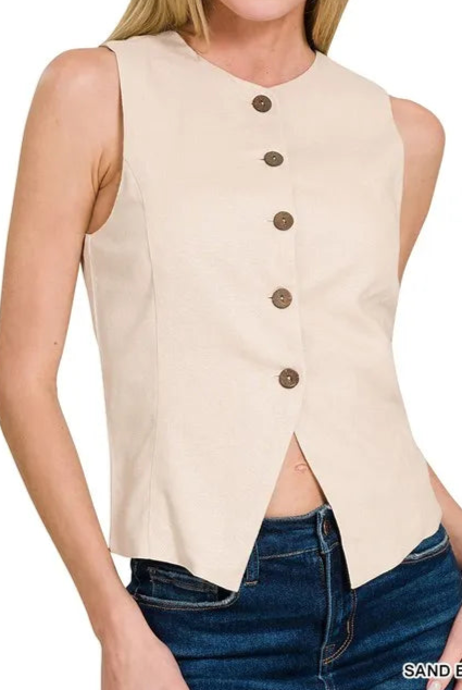 Linen Button Down Vest-Vests-Krush Kandy, Women's Online Fashion Boutique Located in Phoenix, Arizona (Scottsdale Area)