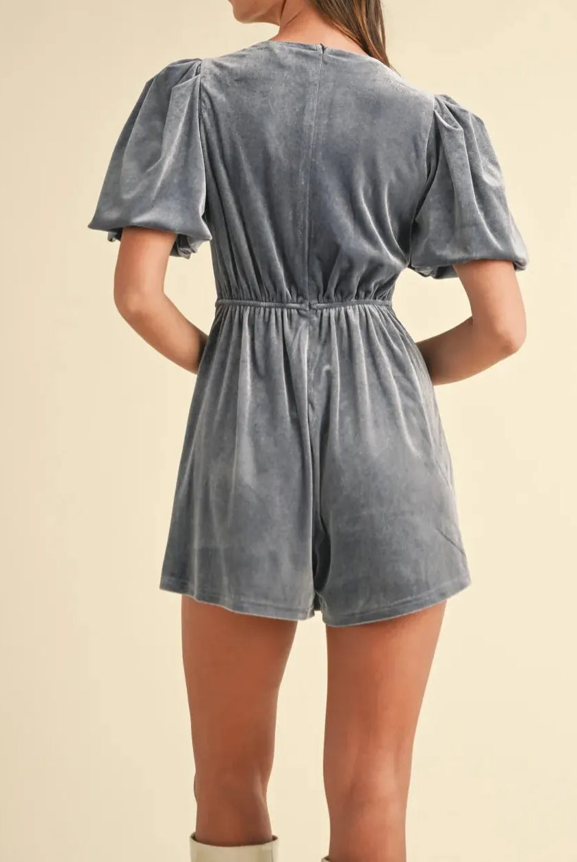 Mable Jewel Bow Decor Puff Sleeve Velvet Romper-Jumpsuits & Rompers-Krush Kandy, Women's Online Fashion Boutique Located in Phoenix, Arizona (Scottsdale Area)