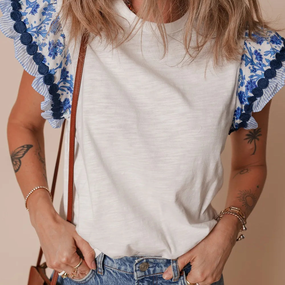 Round Neck Printed Ruffled Cap Sleeve Blouse-Tops-Krush Kandy, Women's Online Fashion Boutique Located in Phoenix, Arizona (Scottsdale Area)